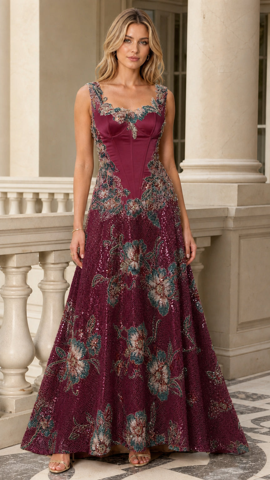 Burgundy floral embroidered corset bodice sequin evening gown front view