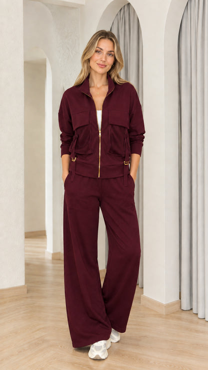 Women's burgundy wine zip-up cargo jacket and wide-leg tracksuit set