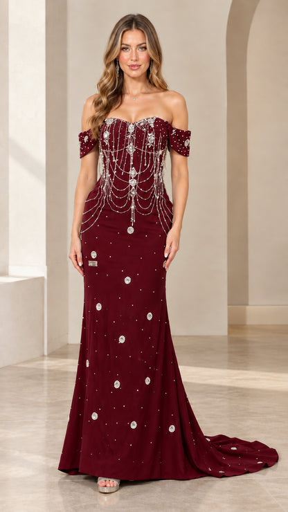 Model wearing burgundy wine red off-the-shoulder beaded mermaid gown