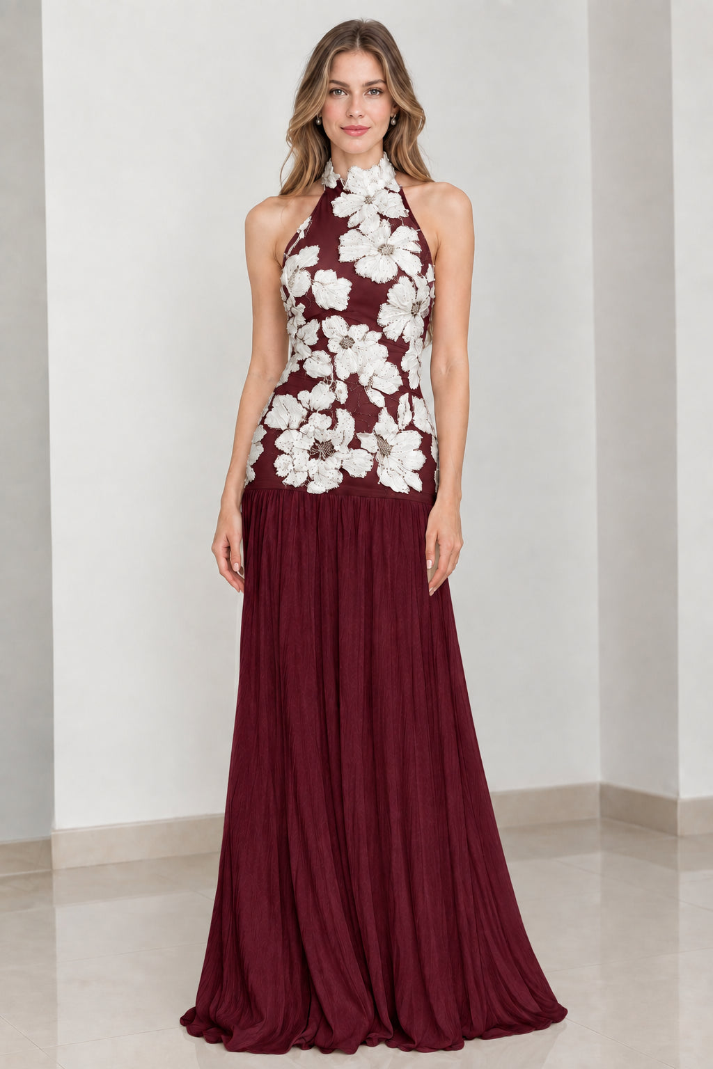 Burgundy wine red floral applique halter neck pleated maxi gown