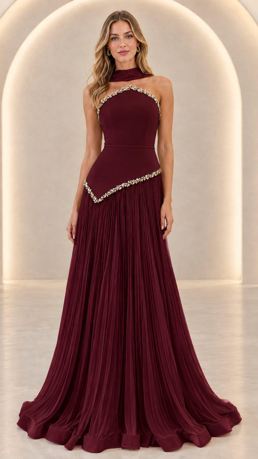Burgundy Embellished Halter Pleated Maxi Evening Gown