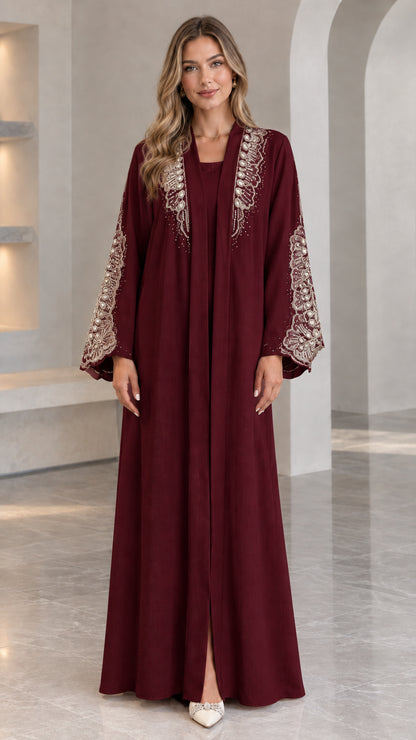 Front full view of Burgundy embroidered abaya maxi dress