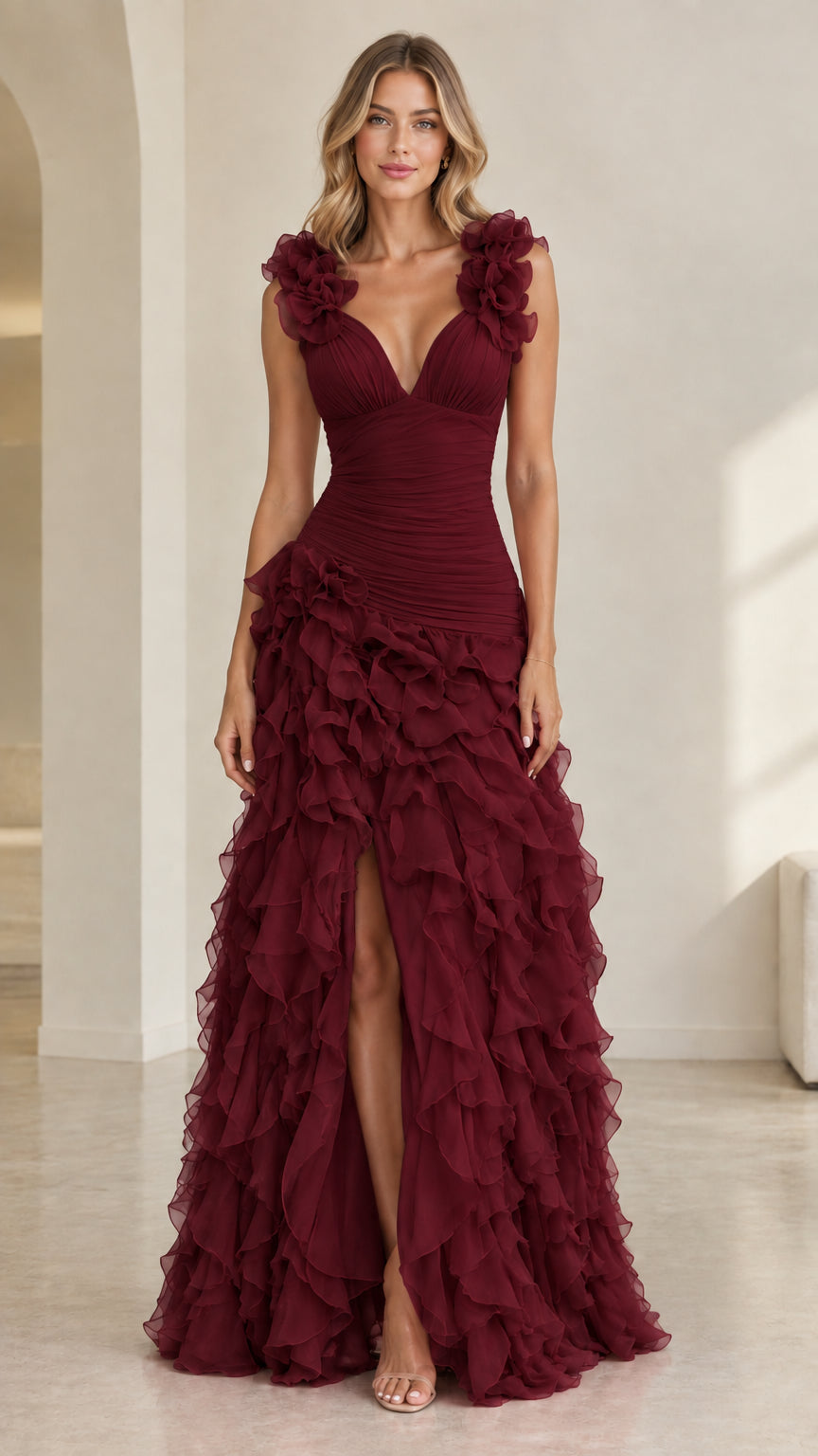 Model wearing burgundy wine red tiered ruffle evening dress