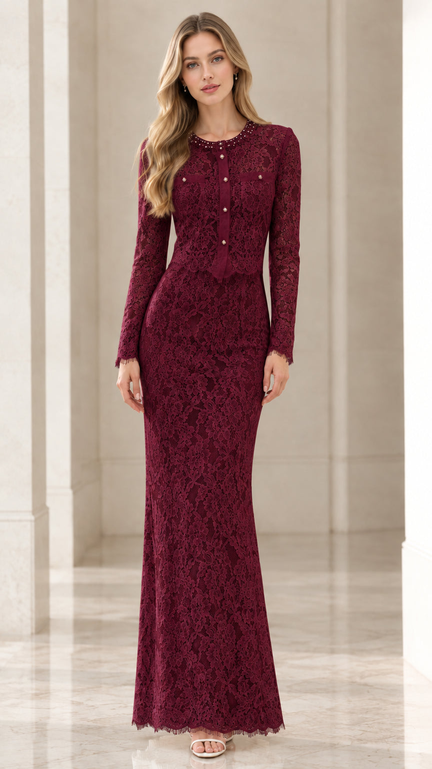 Full-length front view of burgundy long sleeve lace maxi dress
