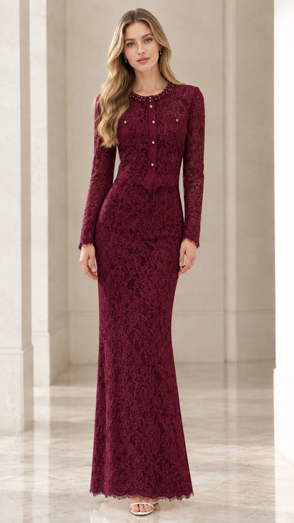 Full-length front view of burgundy long sleeve lace maxi dress