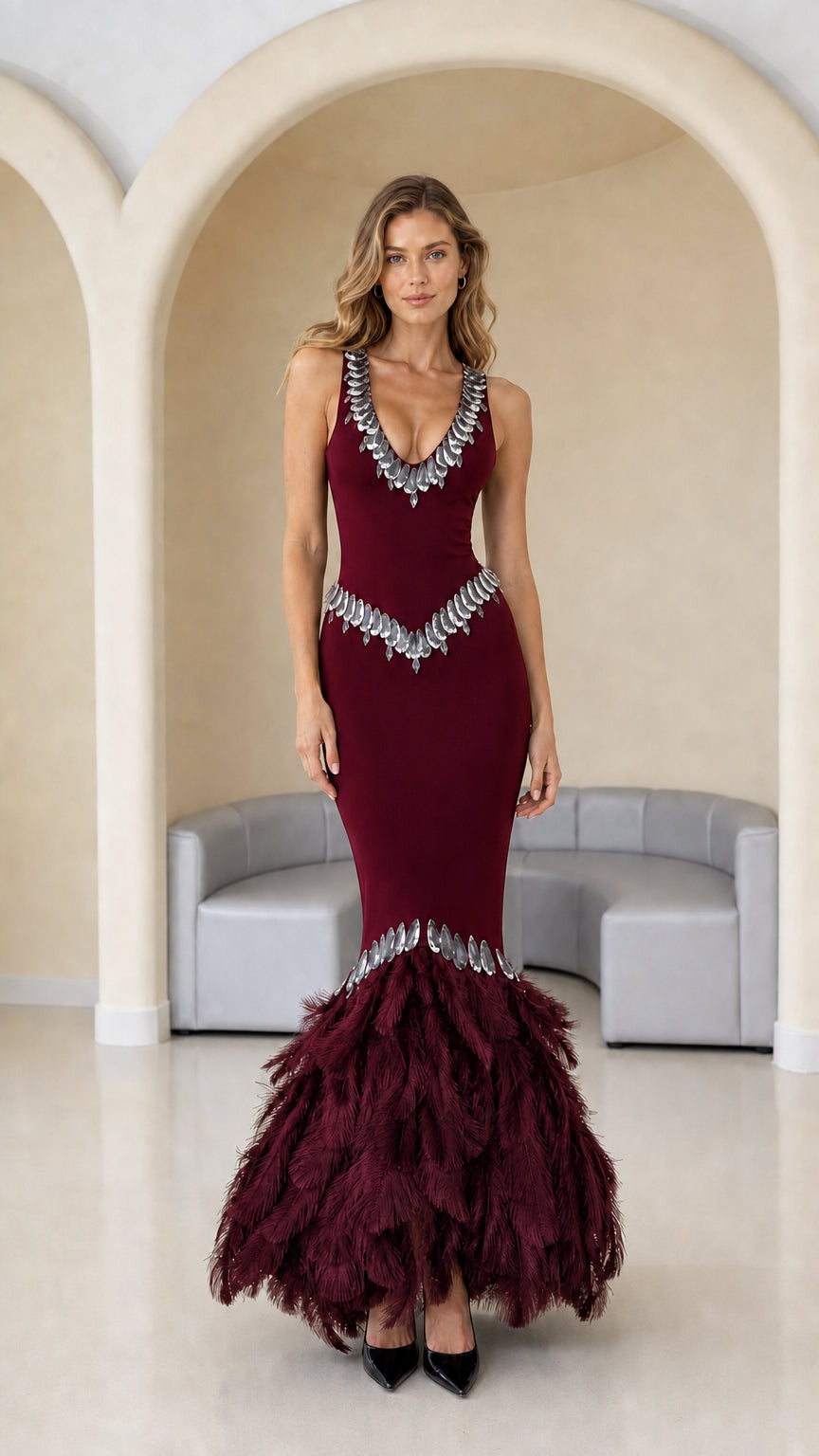 Burgundy wine red formal mermaid gown with rhinestone accents