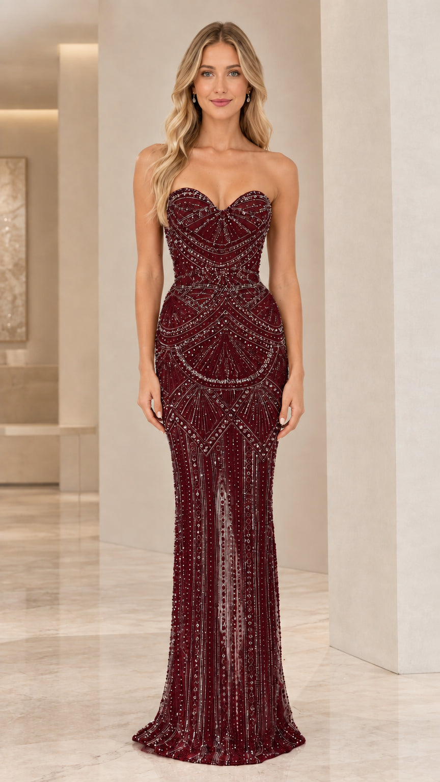 Front view of strapless sweetheart beaded mermaid evening gown in burgundy