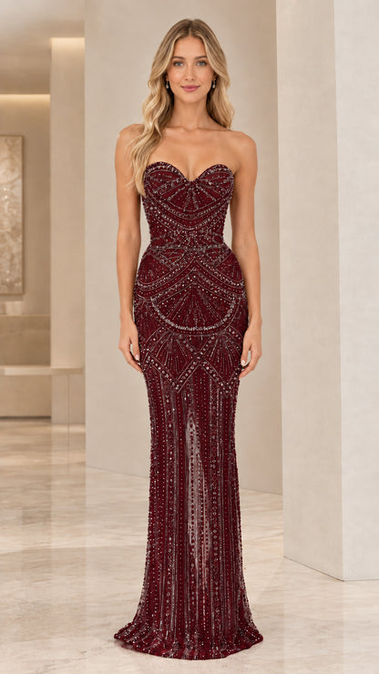 Front view of strapless sweetheart beaded mermaid evening gown in burgundy