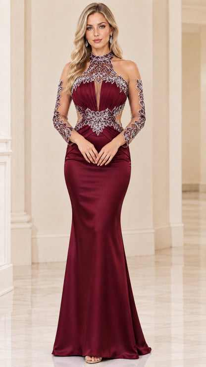 Front view of model wearing burgundy wine satin illusion lace mermaid gown