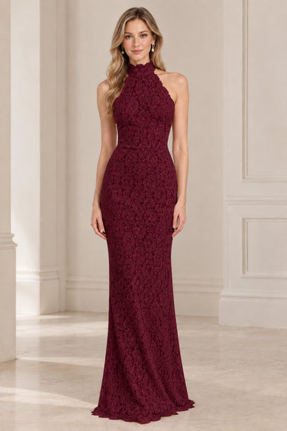 Burgundy high neck halter backless lace evening maxi dress