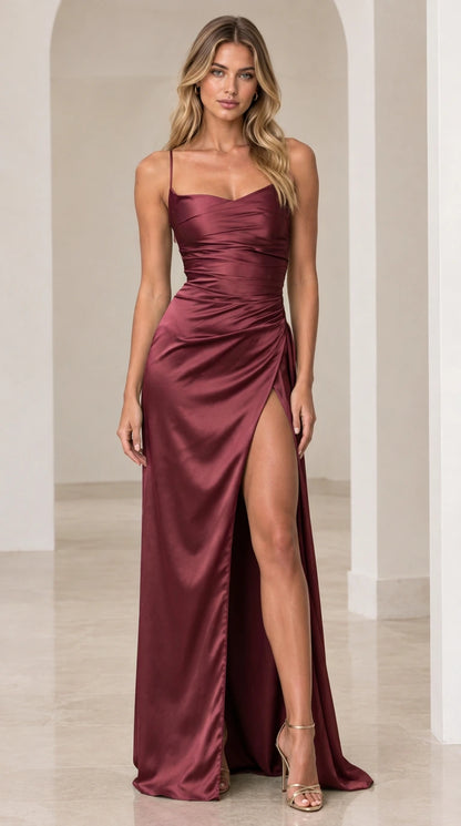 Burgundy wine red satin formal maxi gown with spaghetti straps and slit