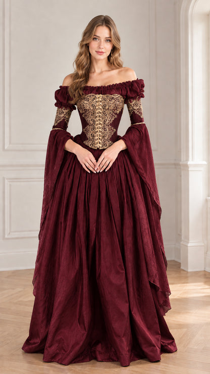 Front view of woman wearing burgundy wine red Renaissance corset maxi dress