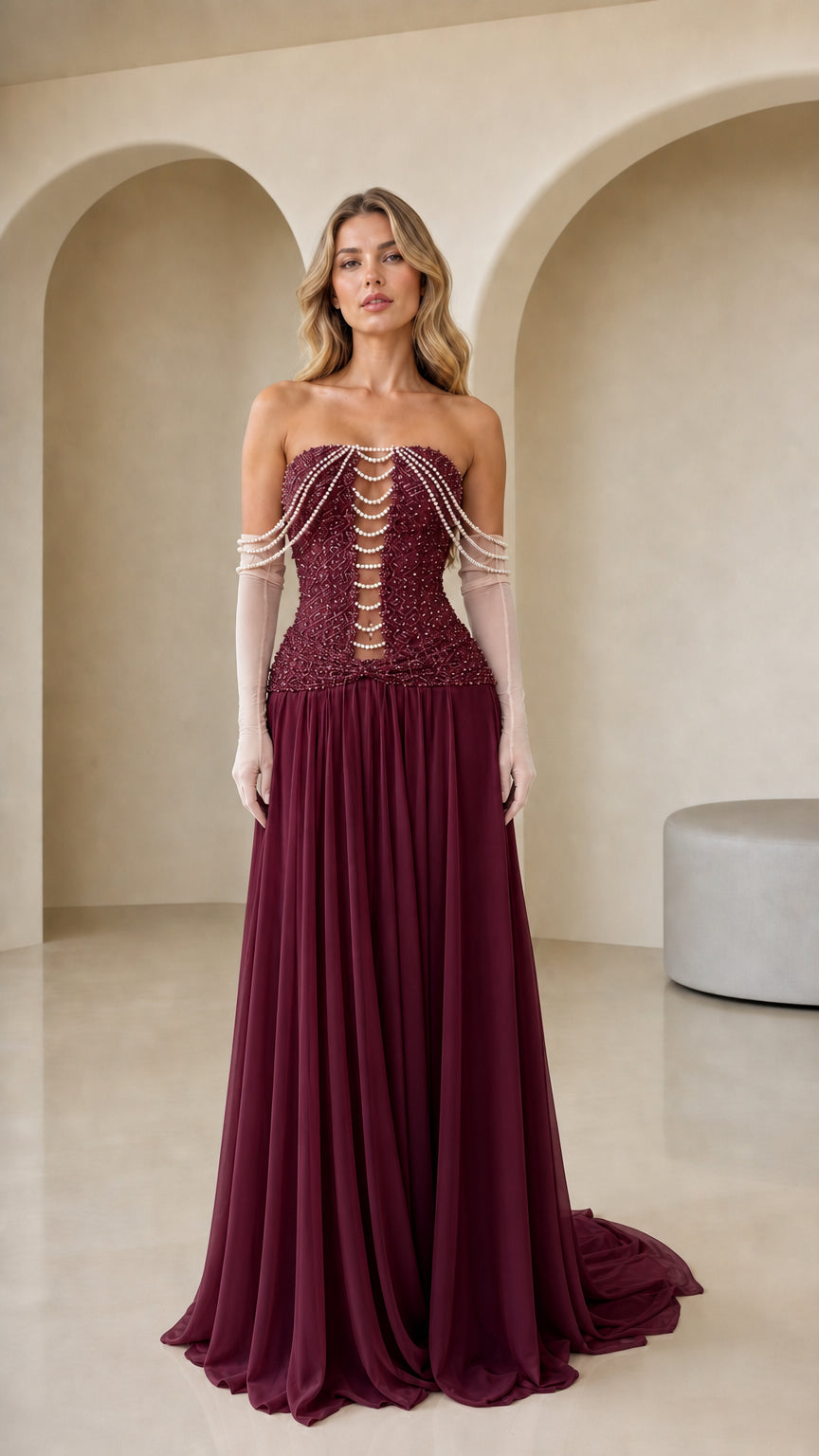 Burgundy wine red pearl beaded corset evening gown front view
