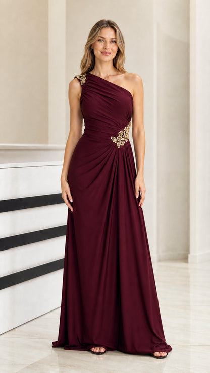 Burgundy one-shoulder ruched evening gown