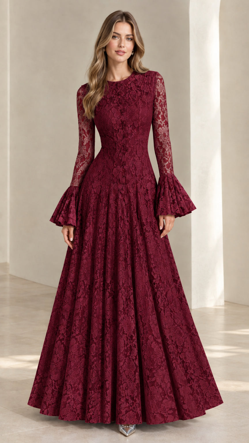 Full-length view of the Burgundy wine red lace maxi evening dress