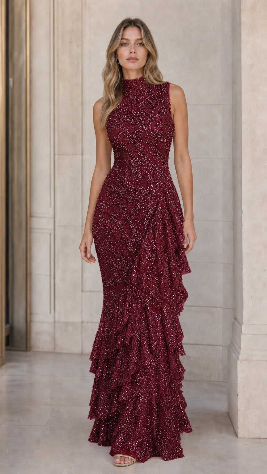 Model wearing burgundy red sleeveless sequin evening maxi gown