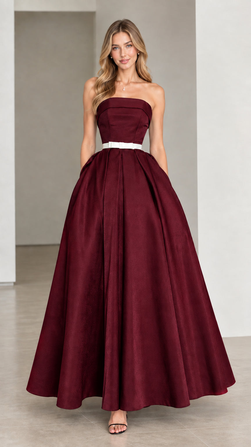 Burgundy wine red strapless floor-length evening gown