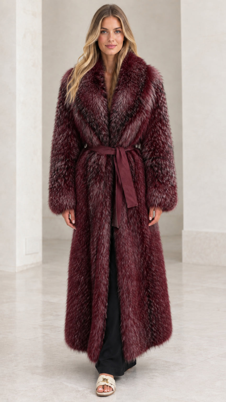 Front full-length view of Burgundy maxi faux fur coat