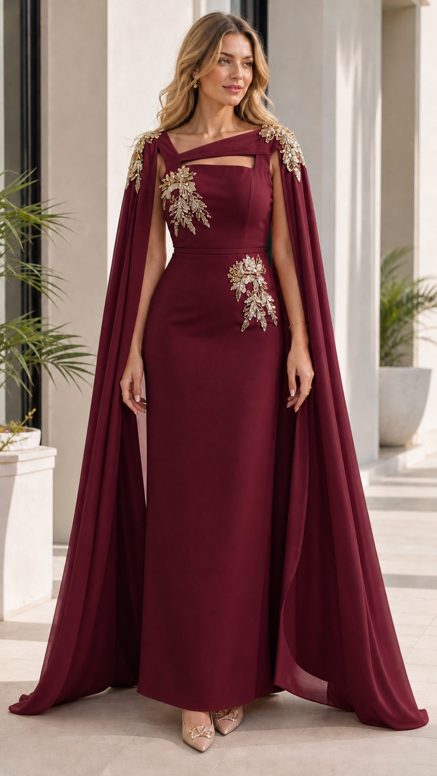 Woman wearing burgundy evening dress with attached cape