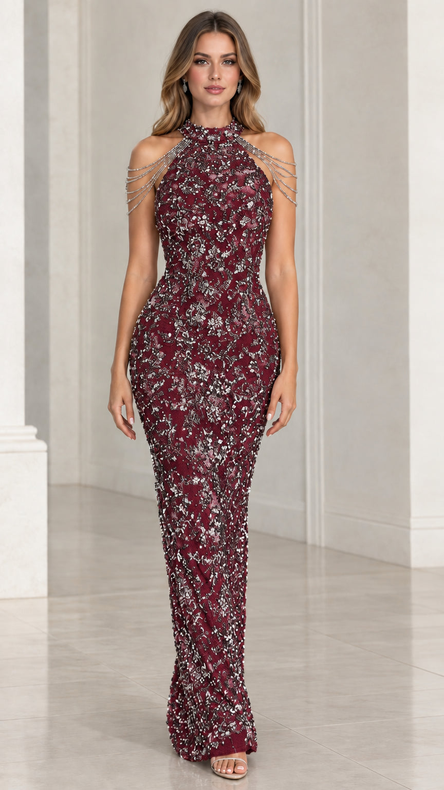 Burgundy wine sequin halter formal dress with shoulder chain details