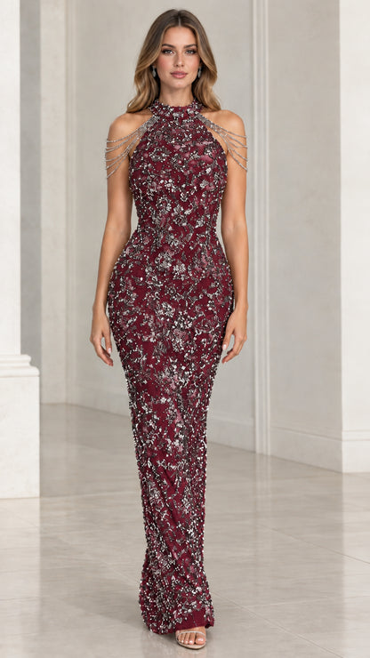 Burgundy wine sequin halter formal dress with shoulder chain details
