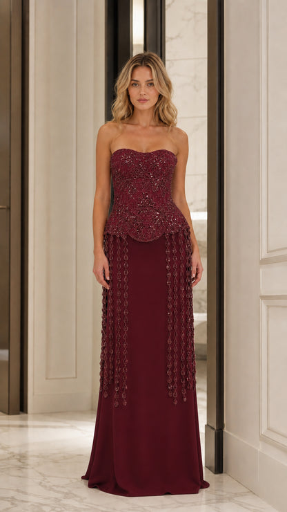 Burgundy wine strapless evening gown with beaded peplum