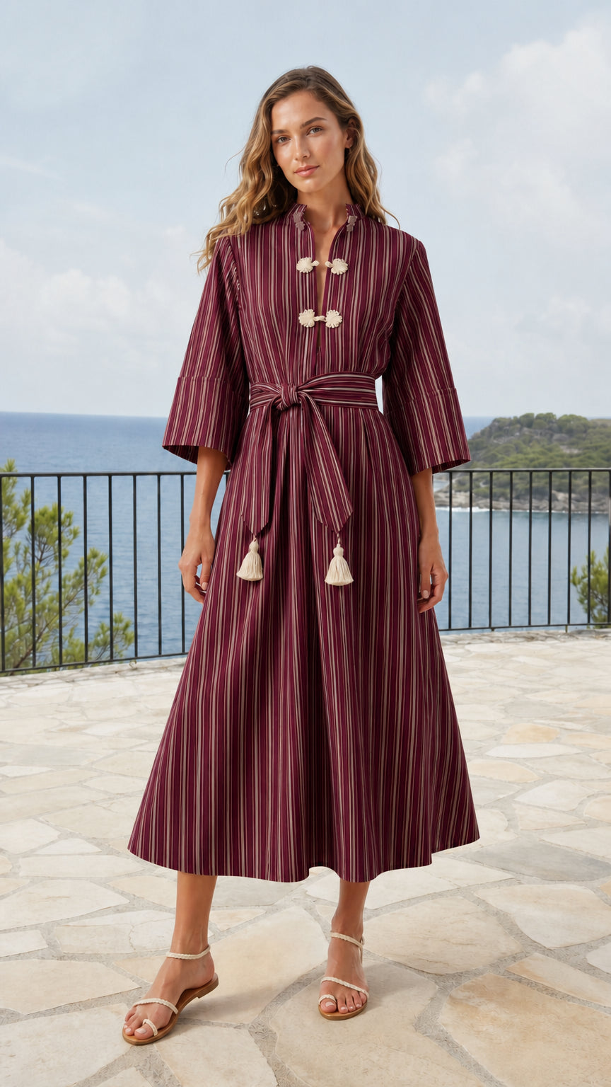 Model wearing burgundy wine striped midi dress with knot button accents