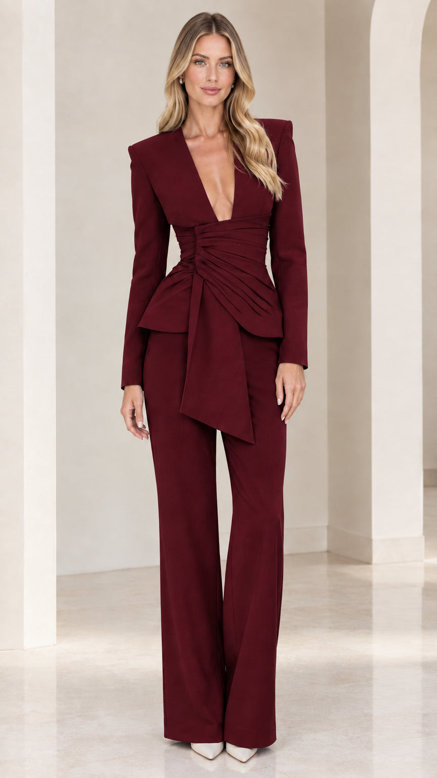 Full-length front view of burgundy wine red deep V-neck pleated pant suit set