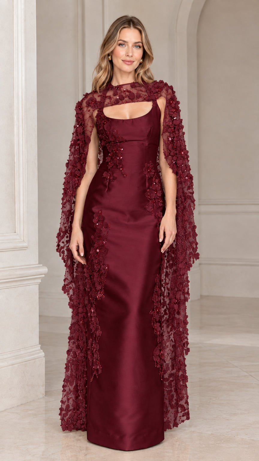 Burgundy wine red satin formal gown with matching floral appliqué cape