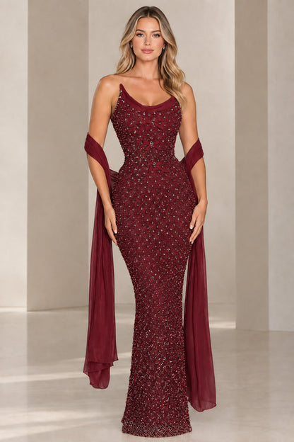 Burgundy wine red embellished mermaid gown with matching chiffon shawl