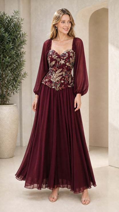 Burgundy wine formal evening dress with embroidered bodice and chiffon skirt