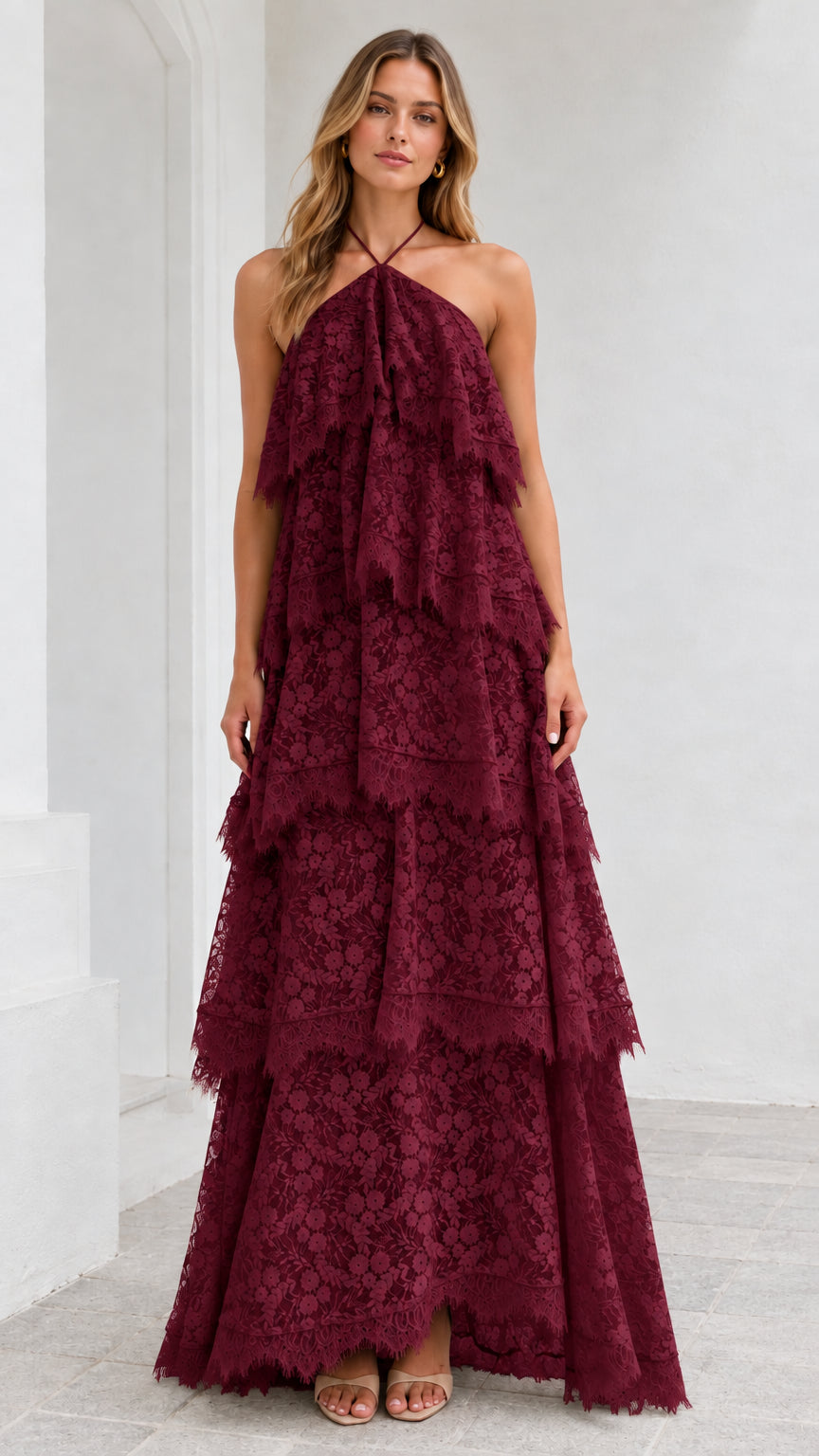 Full-length view of model wearing Burgundy wine tiered floral lace maxi dress