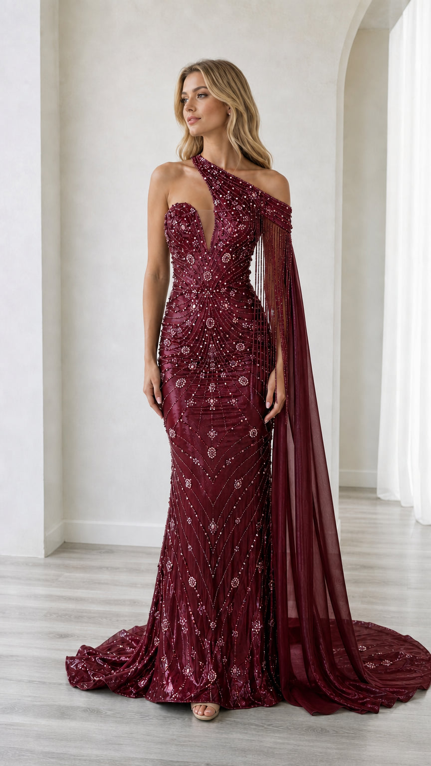 Front full-length view of the burgundy wine beaded one-shoulder formal gown with attached cape