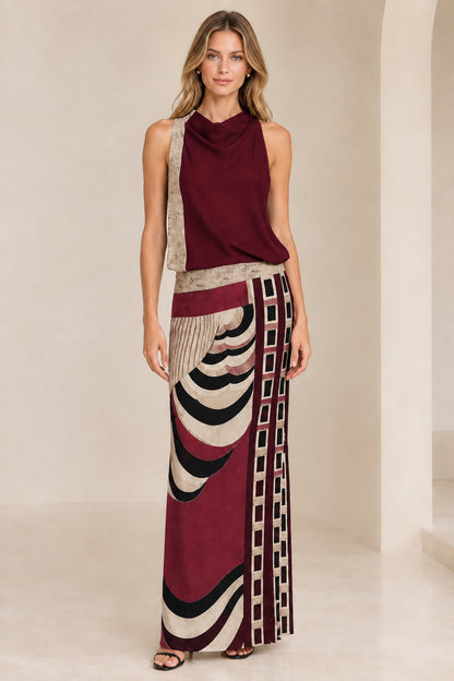 Front view of model wearing wine red abstract geometric print maxi dress