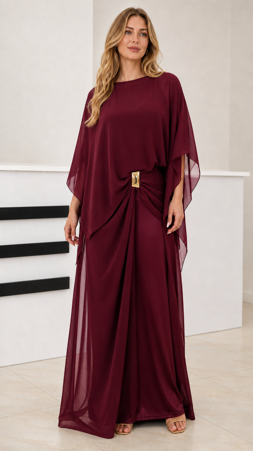 Burgundy wine red chiffon capelet maxi dress front view
