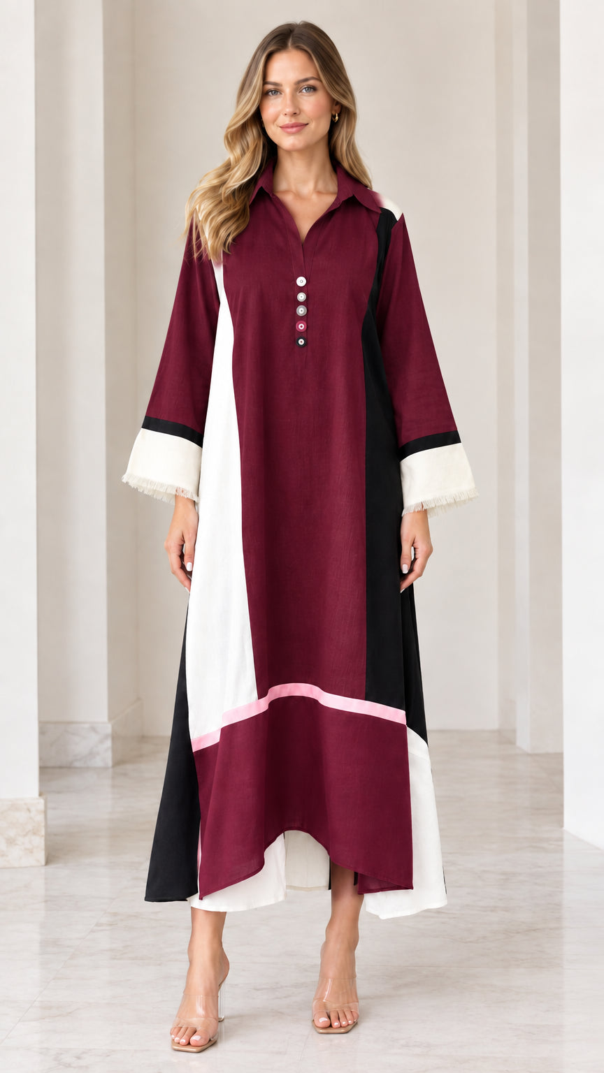 Front view of model wearing Burgundy color block collared maxi dress