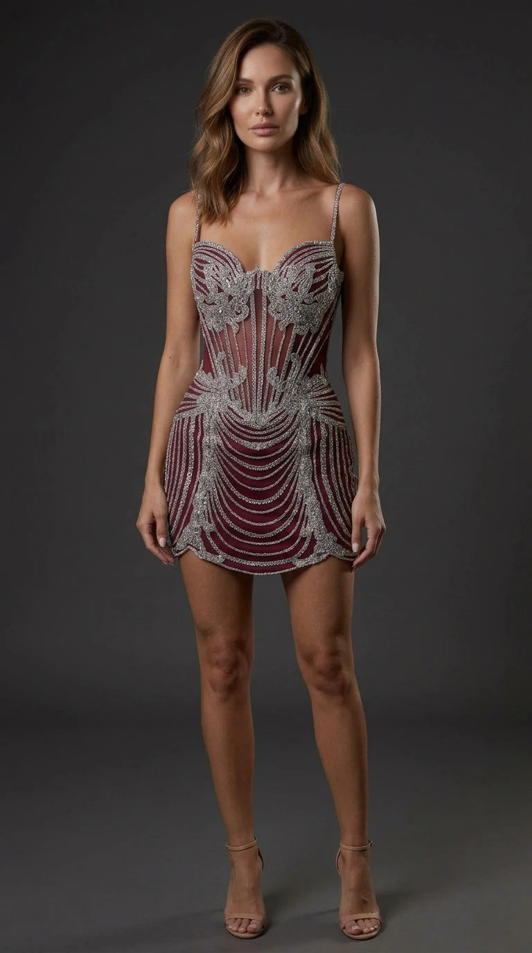 Burgundy wine embellished boned corset mini dress front view