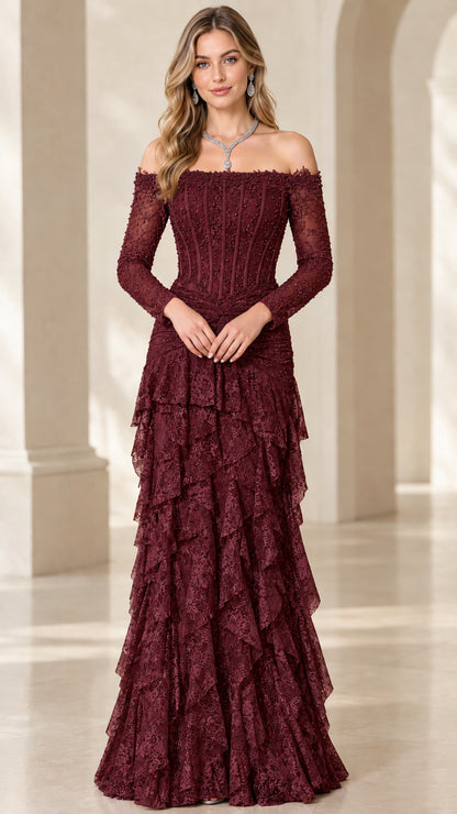 Burgundy off-the-shoulder beaded corset tiered lace evening gown