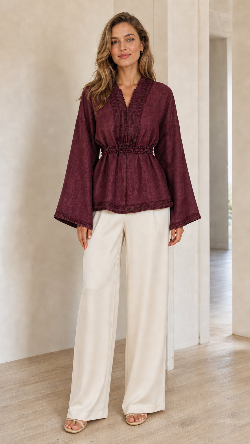 Model wearing burgundy wine red peplum blouse with bell sleeves and trim accents
