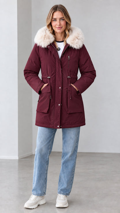 Front view of women's burgundy wine mid-length hooded winter parka