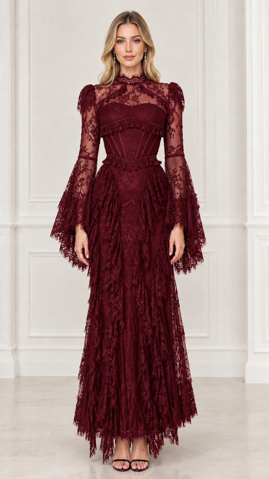 Burgundy red formal lace maxi dress with fringe detail and flared sleeves