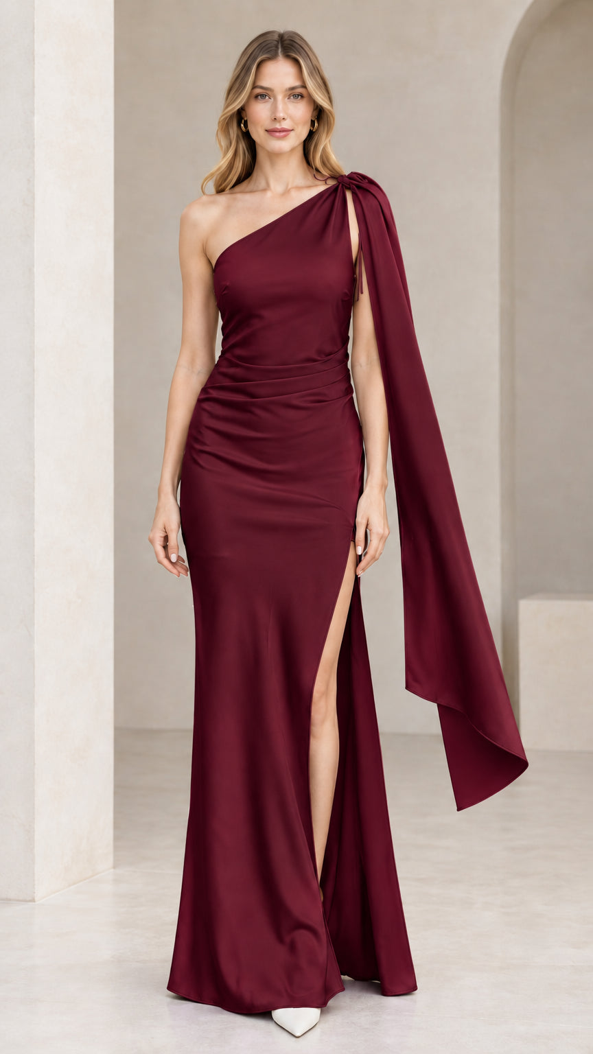 Burgundy wine one-shoulder ruched satin maxi evening dress with side slit