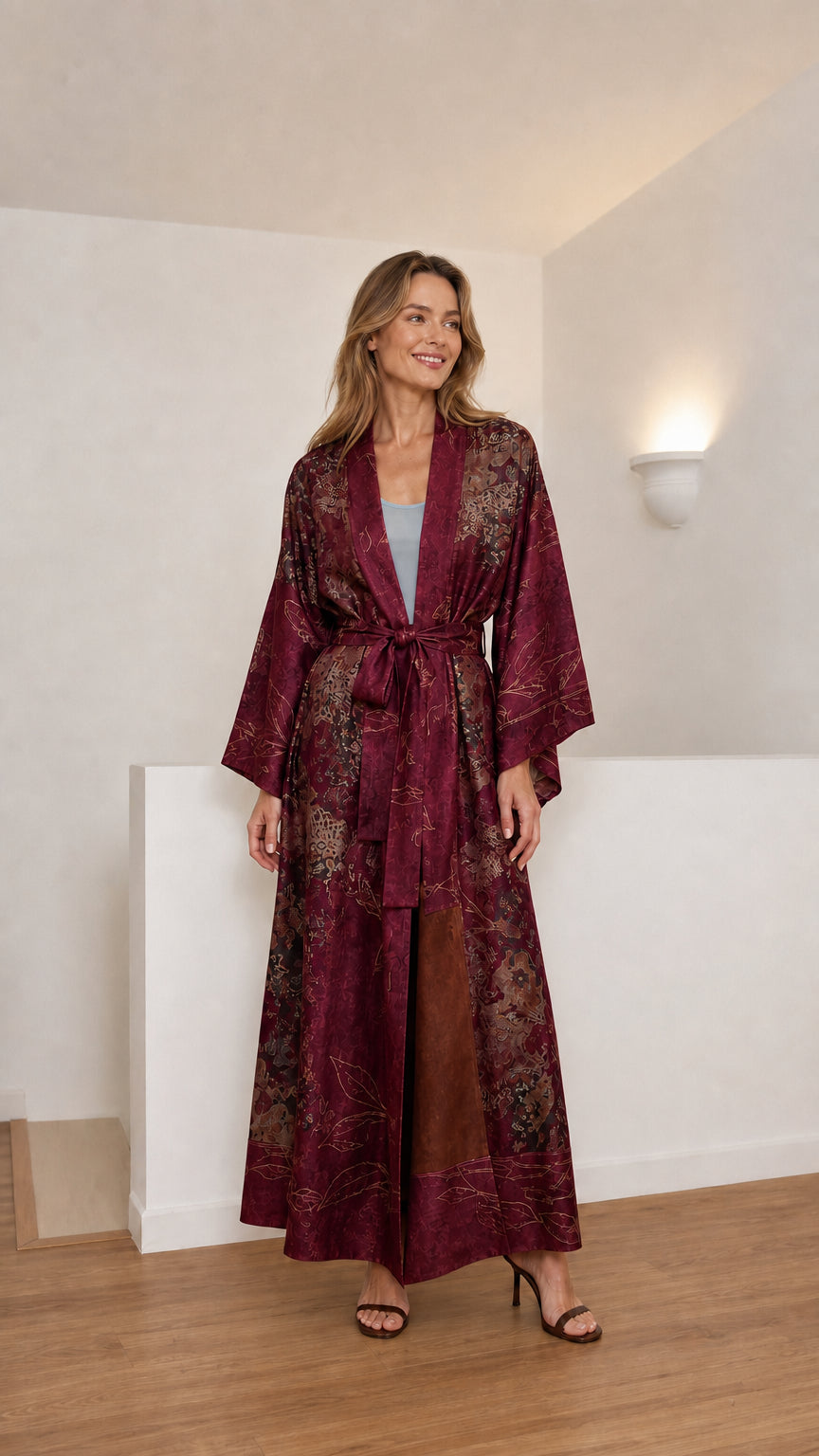 Full-length view of women's burgundy printed maxi kimono robe