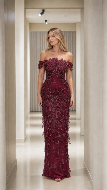 Burgundy wine red off-the-shoulder beaded gala gown with cascading texture