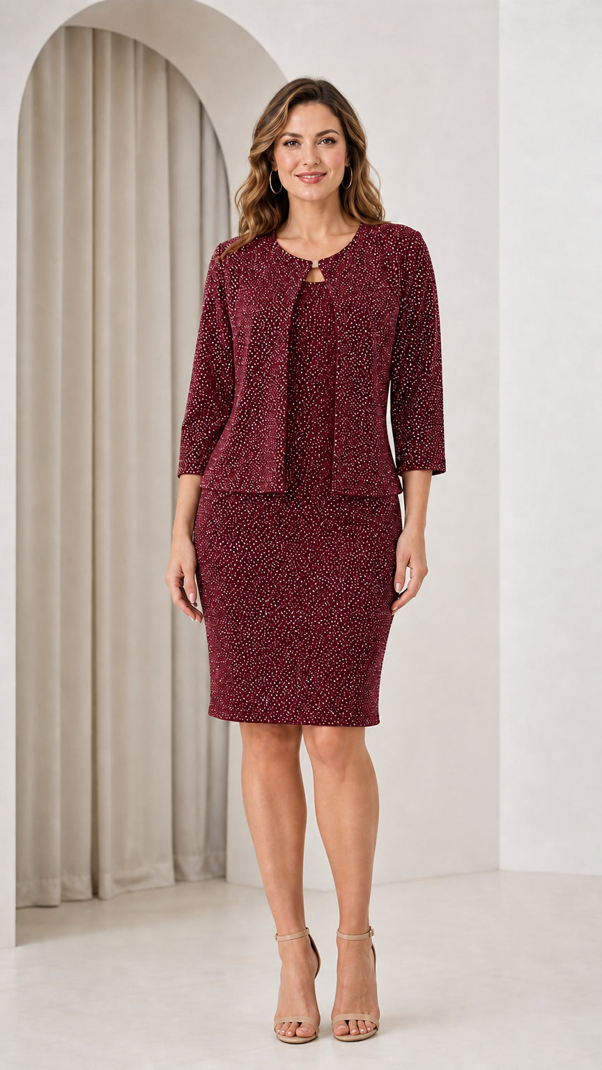 Woman wearing burgundy wine shimmer two-piece dress and jacket set