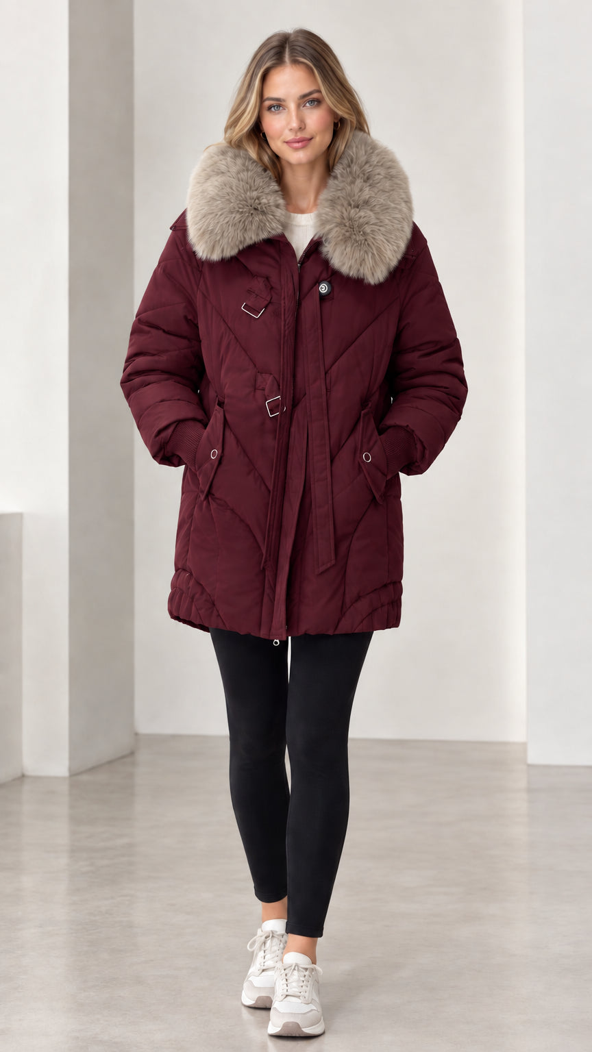 Front full-length view of model wearing burgundy wine red quilted puffer parka
