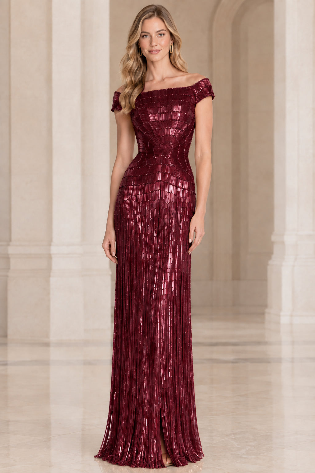 Front view of woman wearing burgundy wine red off-the-shoulder beaded gown