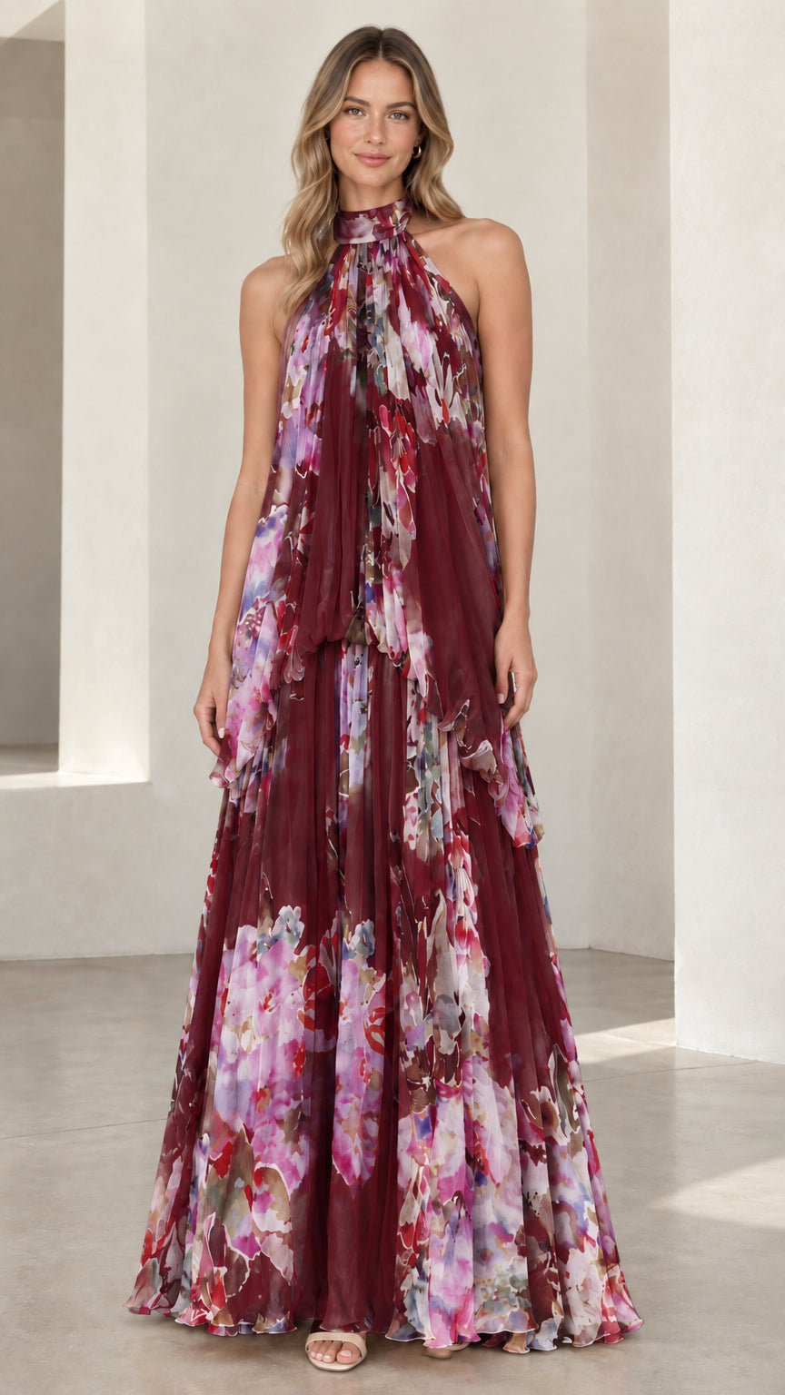 Front view of burgundy wine floral halter neck backless maxi dress
