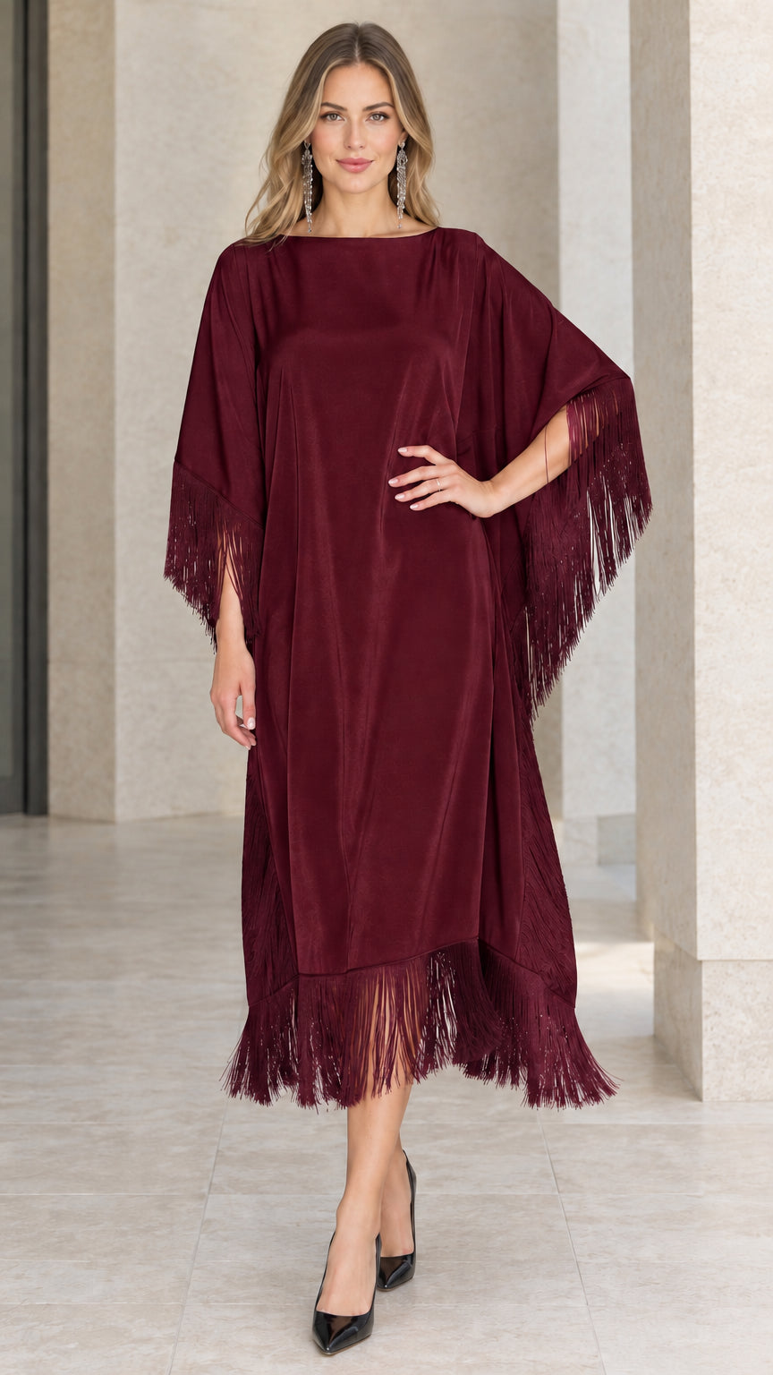 Front view of burgundy red satin fringe kaftan dress