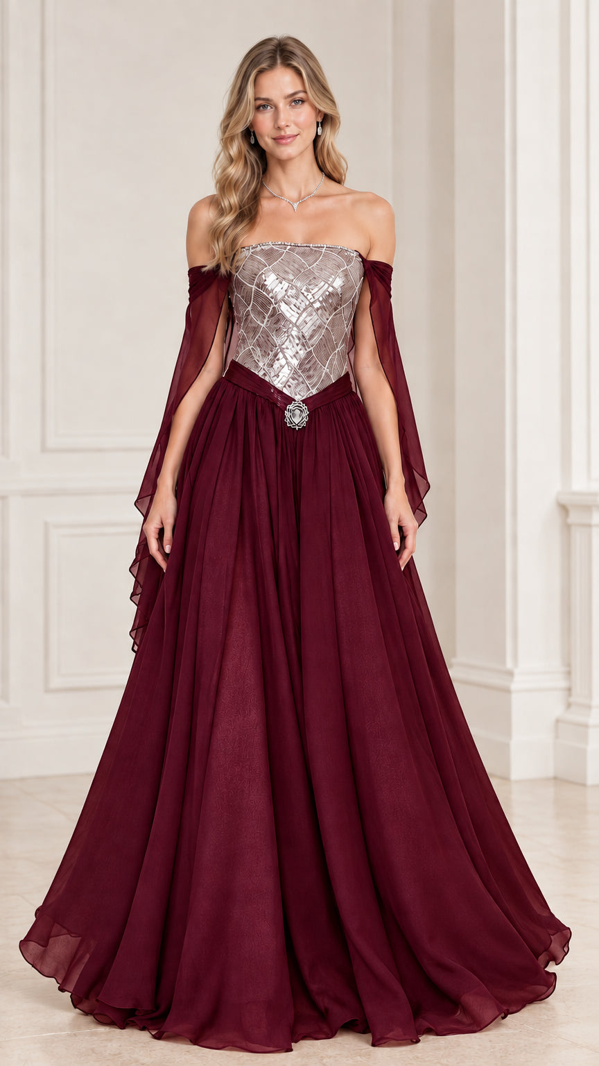 Model wearing Burgundy red sequin bodice floor-length evening gown with drape sleeves